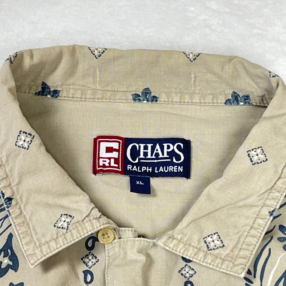 Chaps Ralph Lauren Button Down Cotton Men XL Tan Good Floral Geometric Shirt - Picture 2 of 8